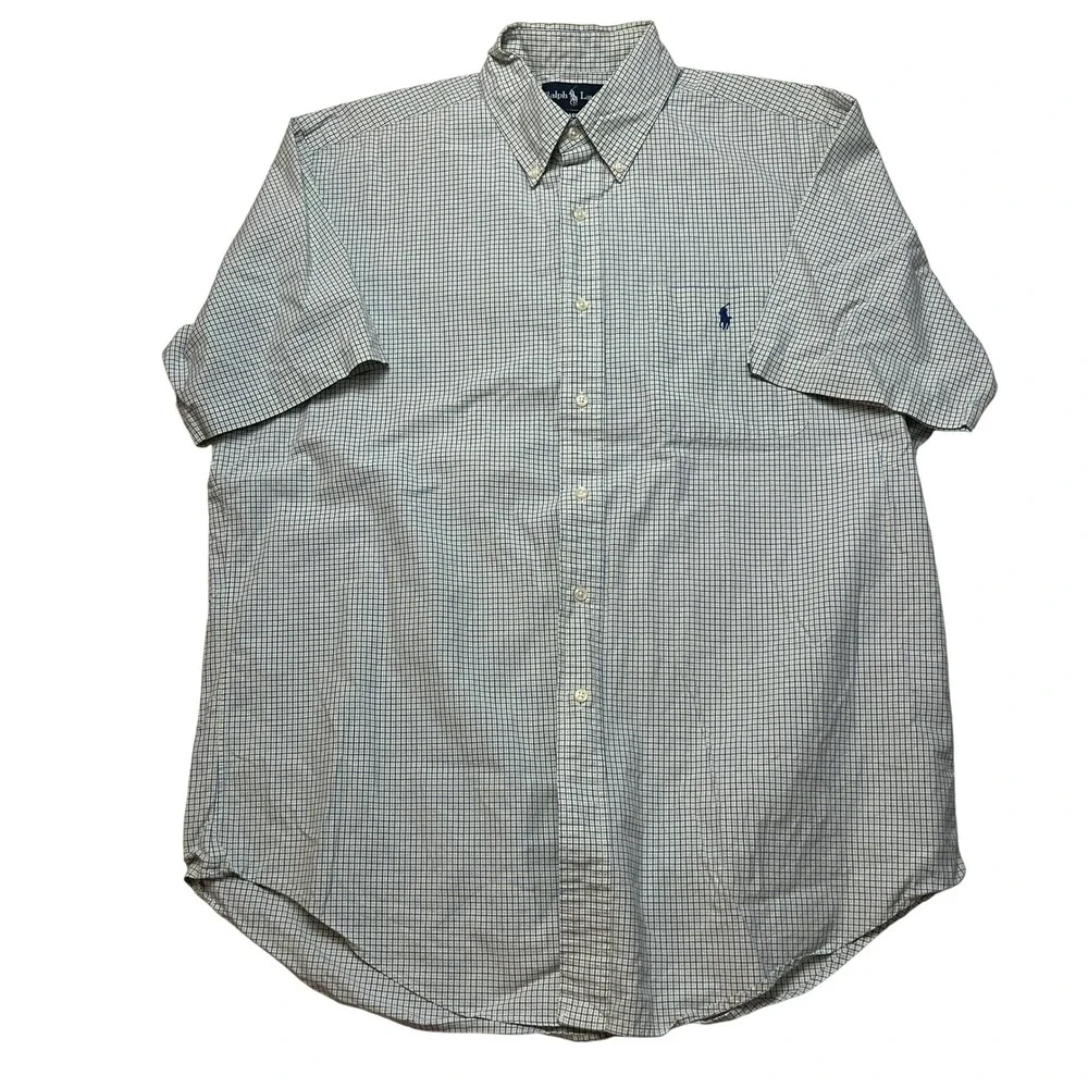 Ralph Lauren Button Down Mens Large Green Blue Classic‎ Fit Short Sleeve Plaid